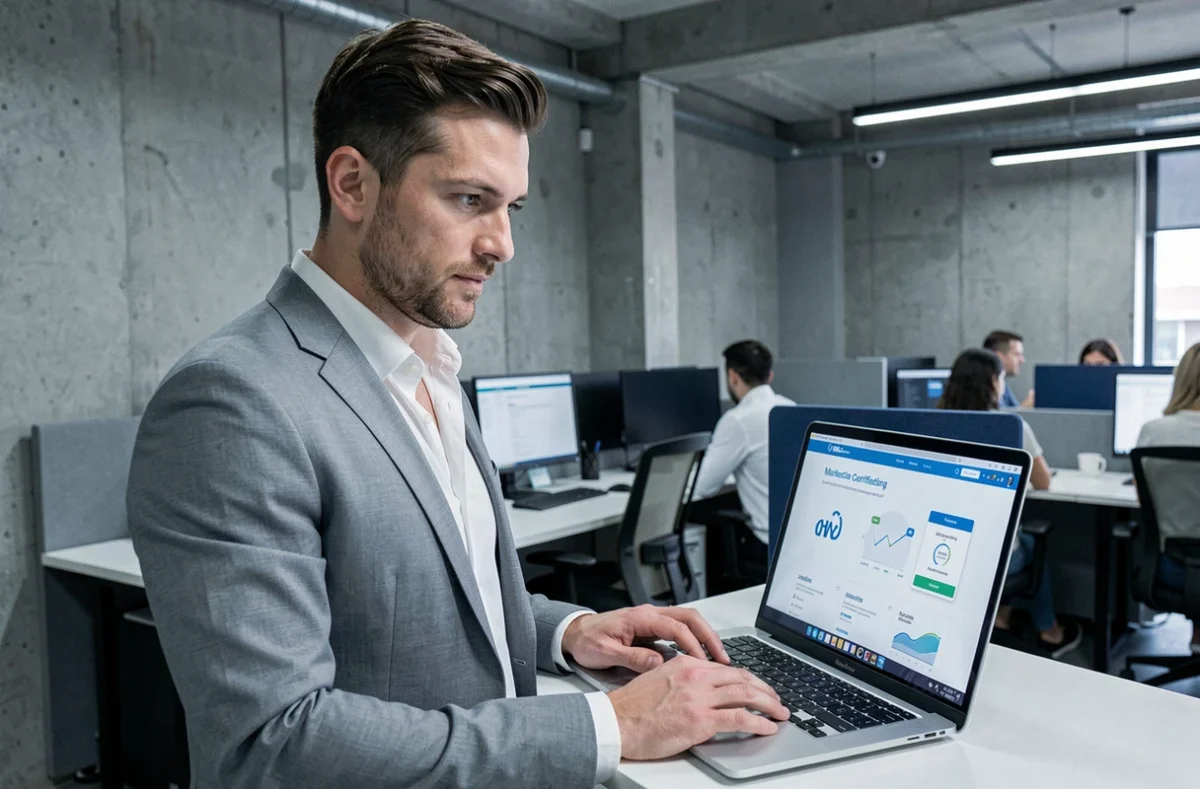 Professionnel RH consultant une formation marketing en ligne sur ordinateur dans un open space moderne