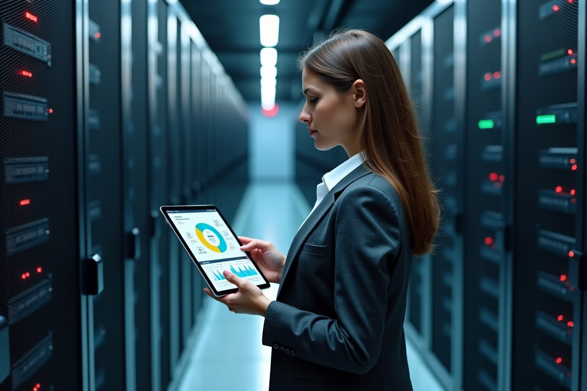 Responsable informatique consultant des données sécurisées sur une tablette dans une salle de serveurs professionnelle