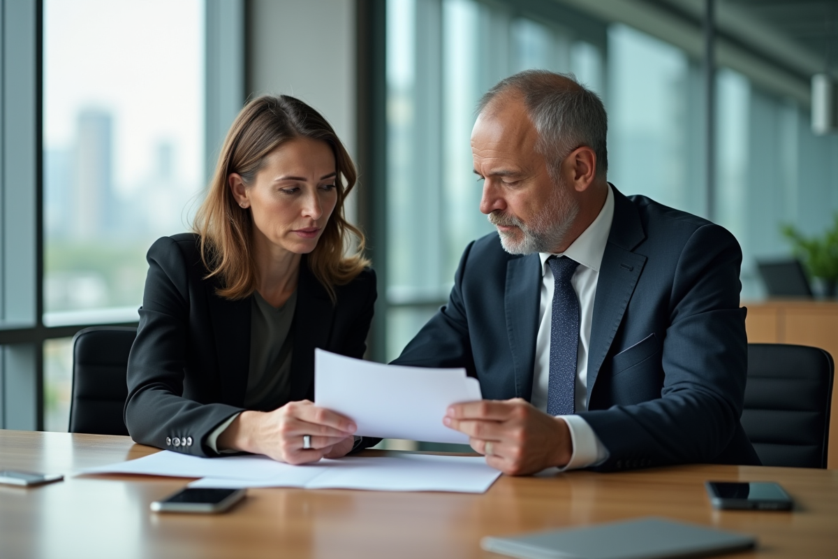 Homme et femme d'affaires discutant documents en réunion