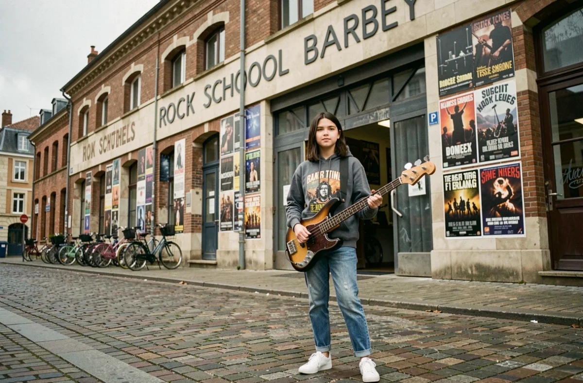 Adolescente tenant une basse devant la façade de la Rock School Barbey à Bordeaux