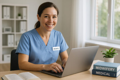 Sage-femme souriante travaillant sur un ordinateur dans un bureau lumineux