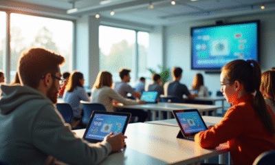 Salle de classe moderne en Auvergne avec élèves utilisant des tablettes