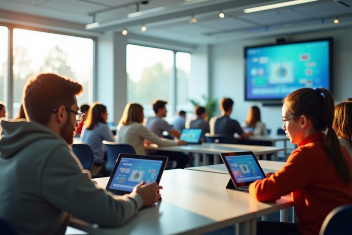 Salle de classe moderne en Auvergne avec élèves utilisant des tablettes