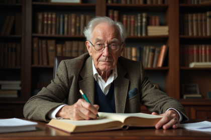 Savant âgé en tweed dans son bureau studieux