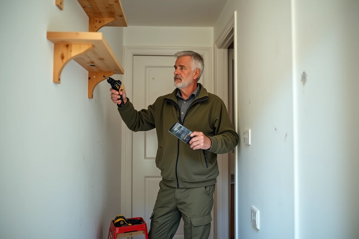 Homme senior installant une étagère murale chez lui avec une perceuse sans fil, smartphone affichant un tutoriel de bricolage, illustrant l'utilisation du CPF pour une formation bricolage à domicile