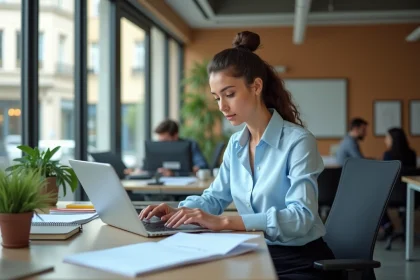 Professionnelle en stage dans un bureau administratif à Orléans consultant des documents de formation Melouvert