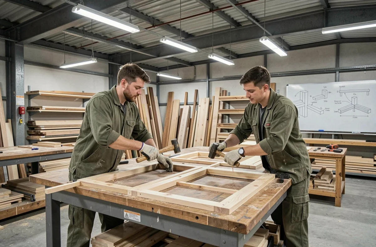 Deux stagiaires en menuiserie assemblant un cadre de fenêtre en bois dans un atelier de formation professionnelle