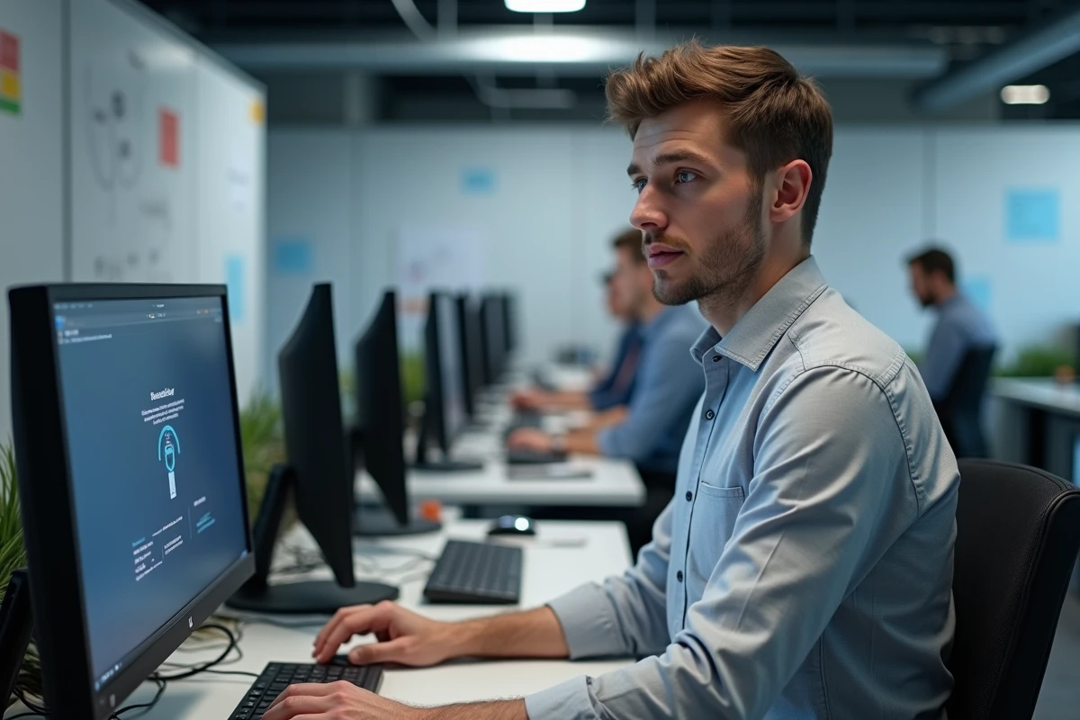 Technicien informatique universitaire configurant une connexion sécurisée sur un poste de travail du campus