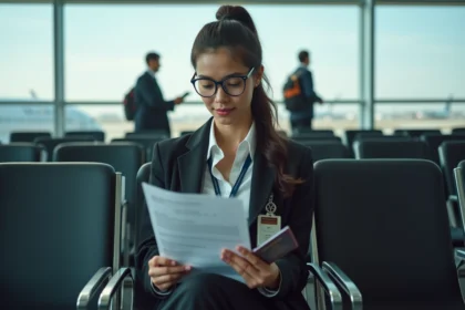 Jeune therapute femme lisant documents a l'aeroport