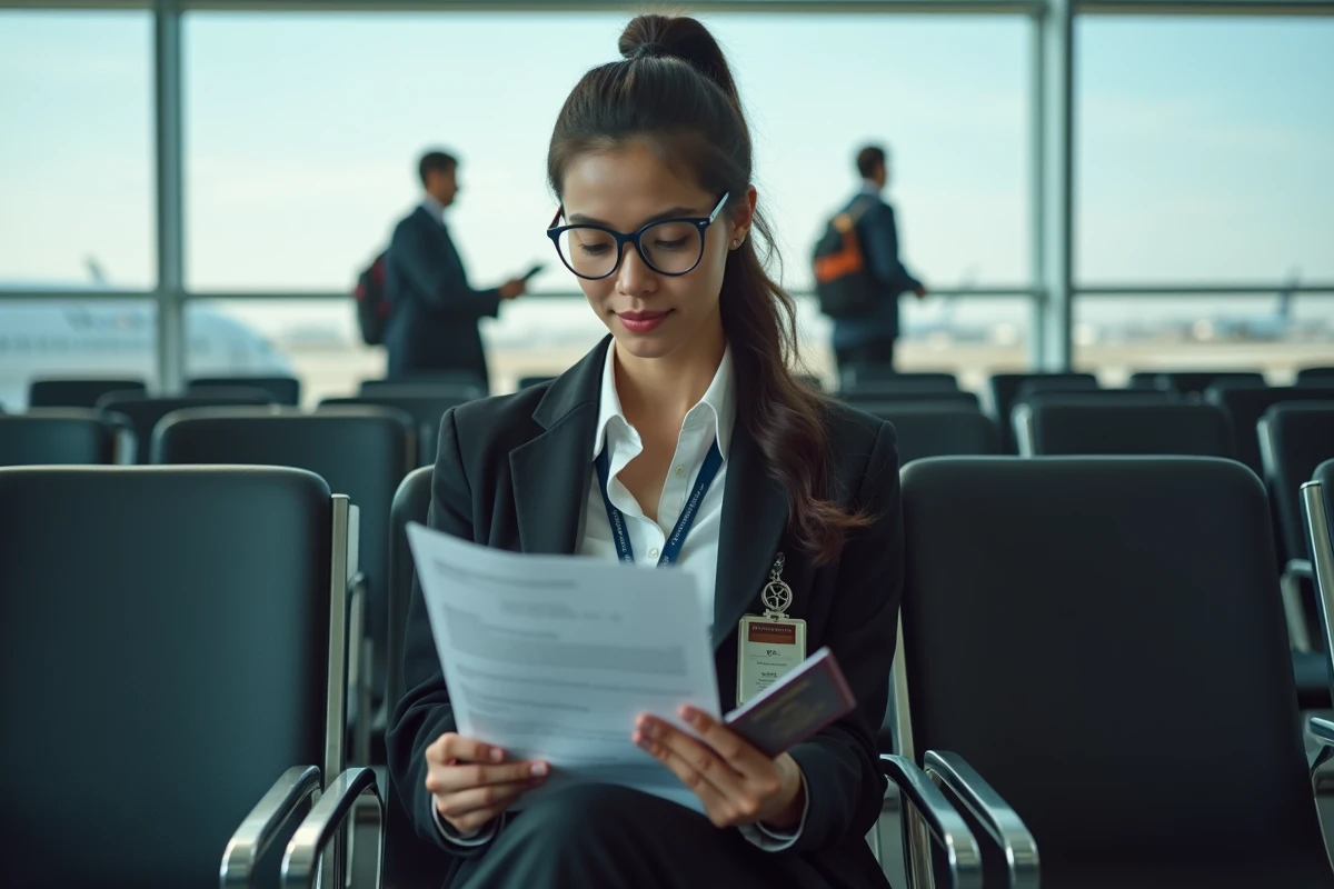Jeune therapute femme lisant documents a l'aeroport