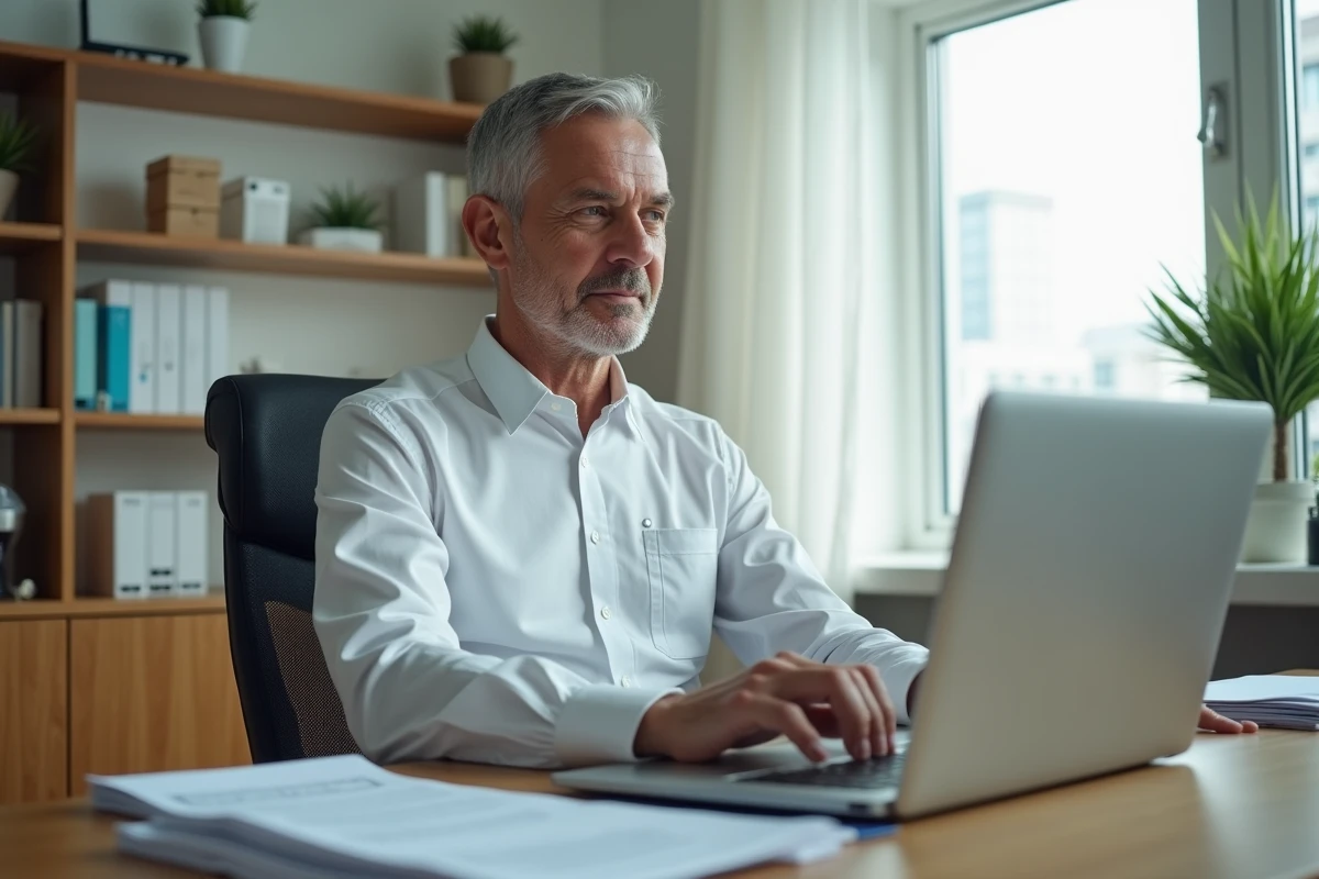 Therapeute homme en visio dans un bureau hospitalier