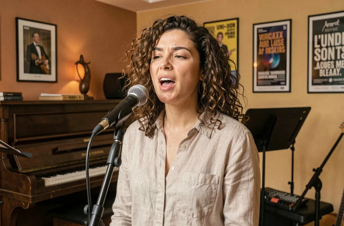 Femme chantant dans un micro dans un studio de répétition de L'Uni-Son à Bordeaux