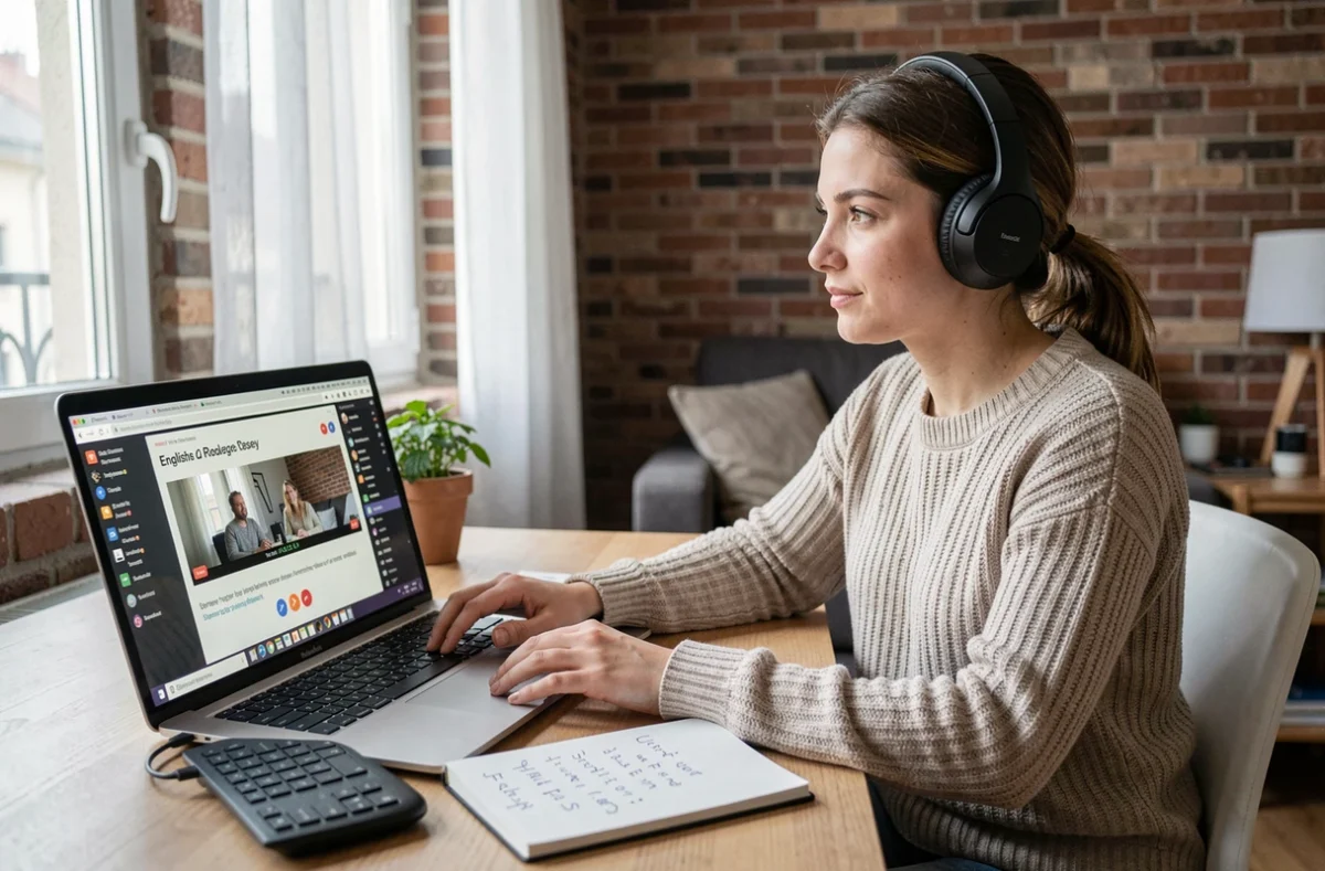 Jeune femme suivant un cours d'anglais en ligne Yes'N'You depuis son appartement dans le Nord